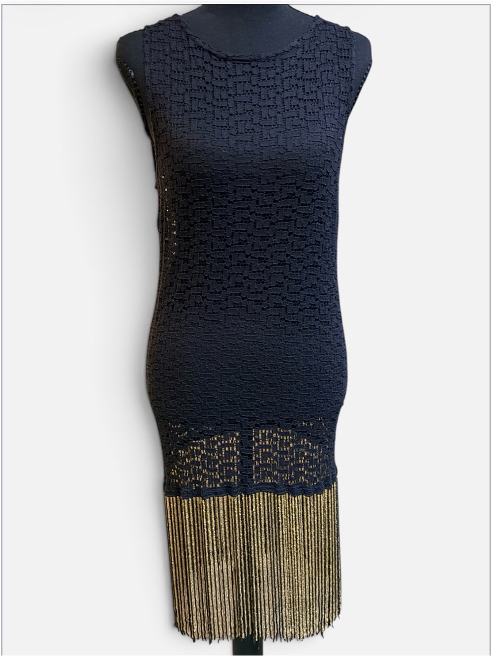 Zara Black Stylish Guipure Crochet Lace Diamante Fringe Dress size M